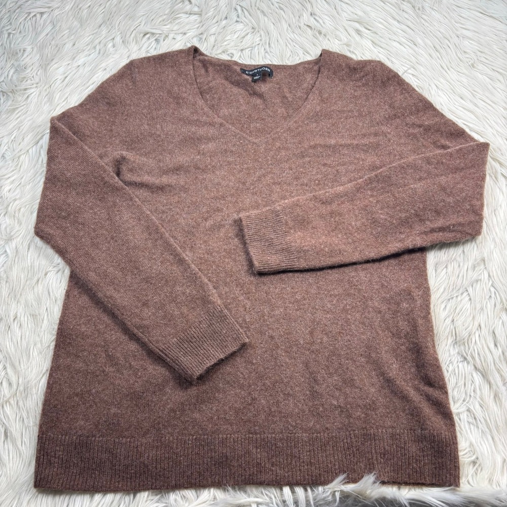 41 Hawthorn Women's L Brown V-Neck 100% Cashmere Sweater Quiet Luxury Old Money